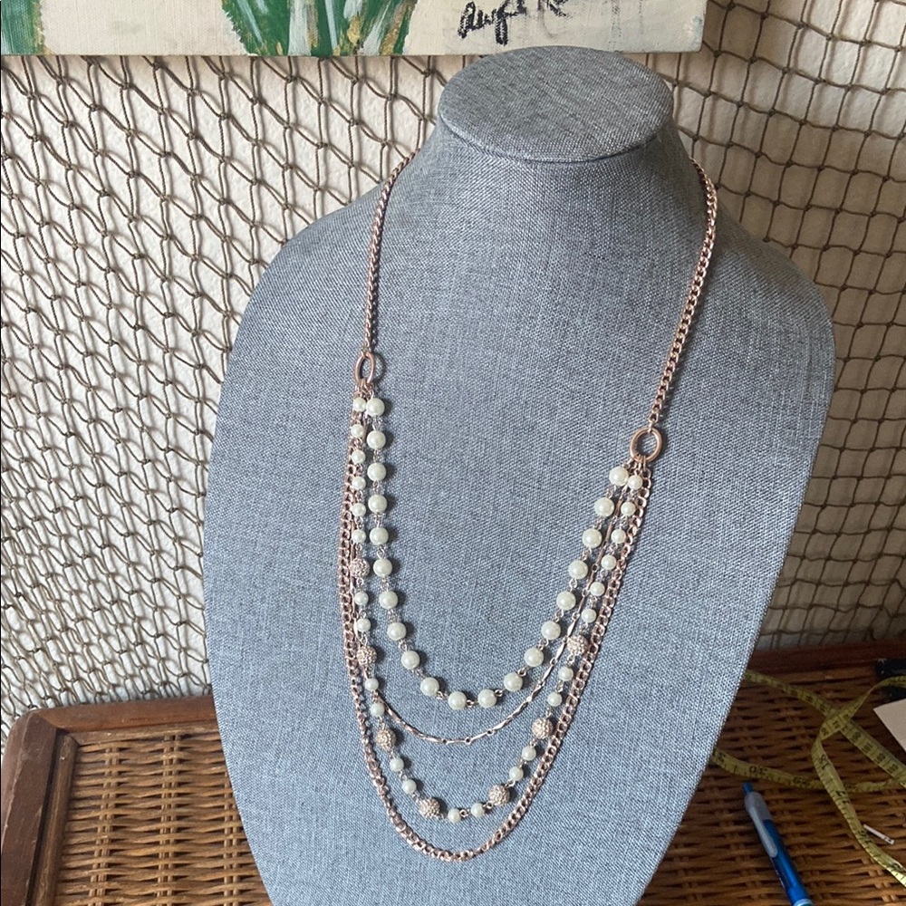 Vintage 90s Charter Club 4 Strand Rose Gold Tone & Faux Pearls Necklace